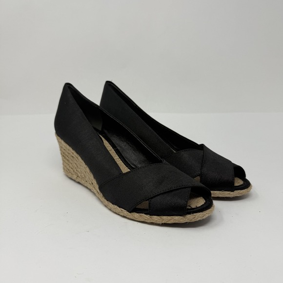 Adrienne Vittadini Shoes Womens Size 8.5 Black Wedge Espadrille Peep Toe Bailee - Picture 1 of 12